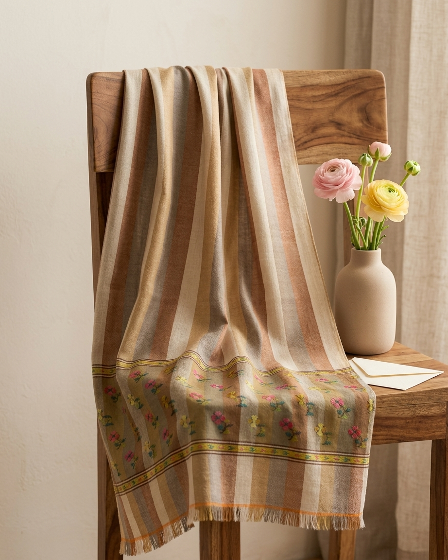 Earth Stripe Magenta Floral Buti Kani Cashmere Pashmina Shawl — Handwoven in Kashmir — image 7