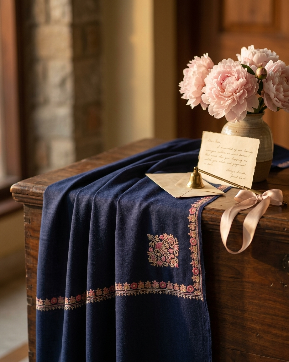 Navy Pink Gold Corner Paisley Sozni — Handwoven in Kashmir — image 4