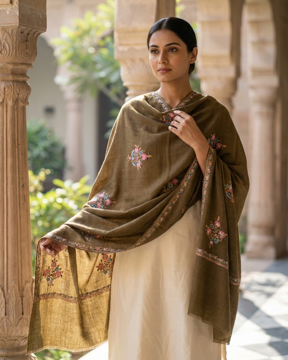 Olive Green Pink Floral Booti Sozni — Handwoven in Kashmir — image 4