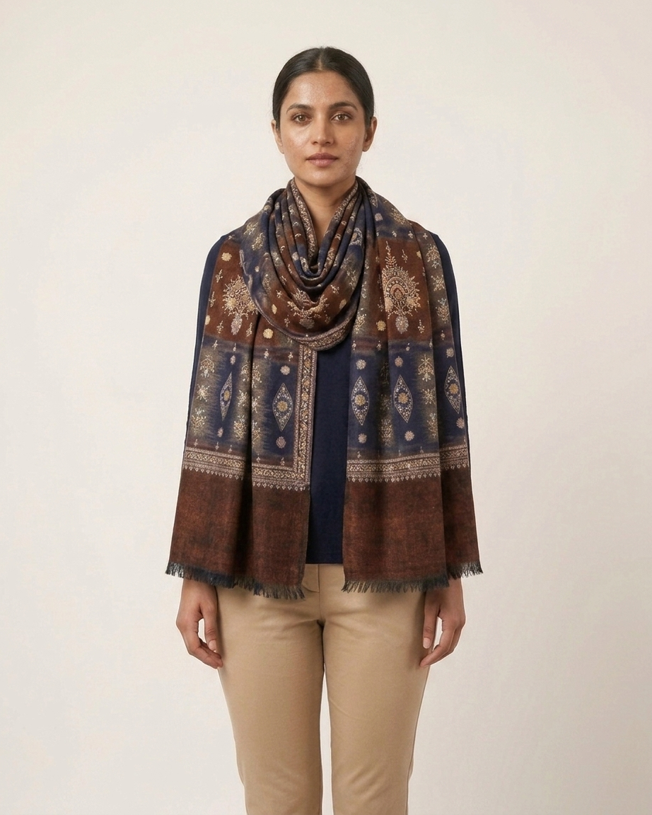 Navy Chocolate Ornate Check Sozni — Handwoven in Kashmir — image 4