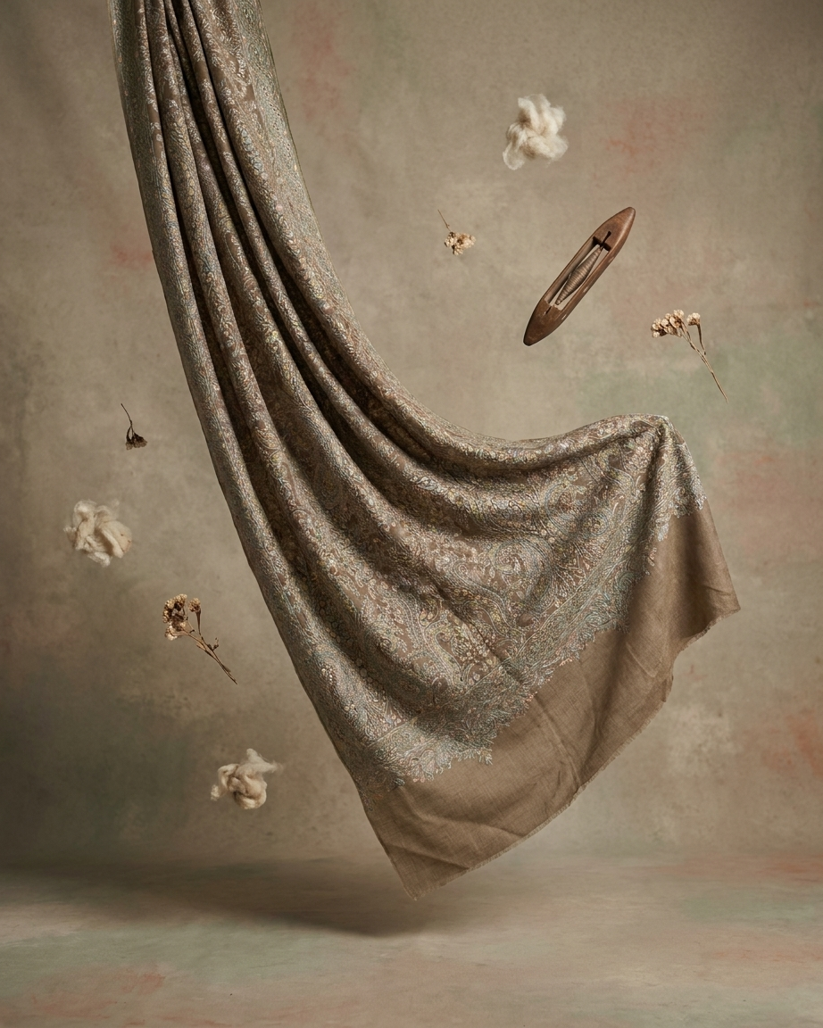 Taupe Paisley Floral Jaal Maheen Kari — Handwoven in Kashmir — image 4