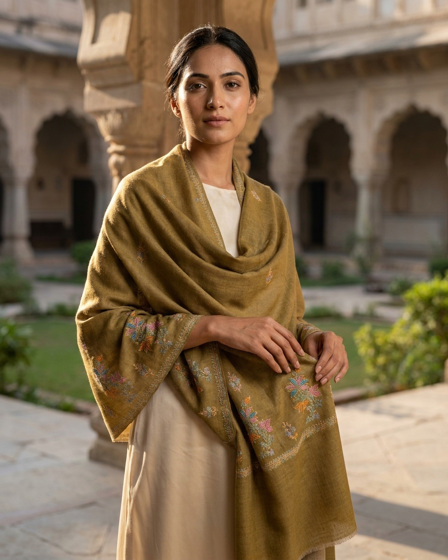 Mustard Multicolor Floral Border Sozni — Handwoven in Kashmir — image 4