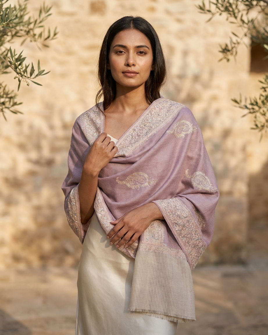 Dusty Rose Paisley Border Sozni — Handwoven in Kashmir — image 4