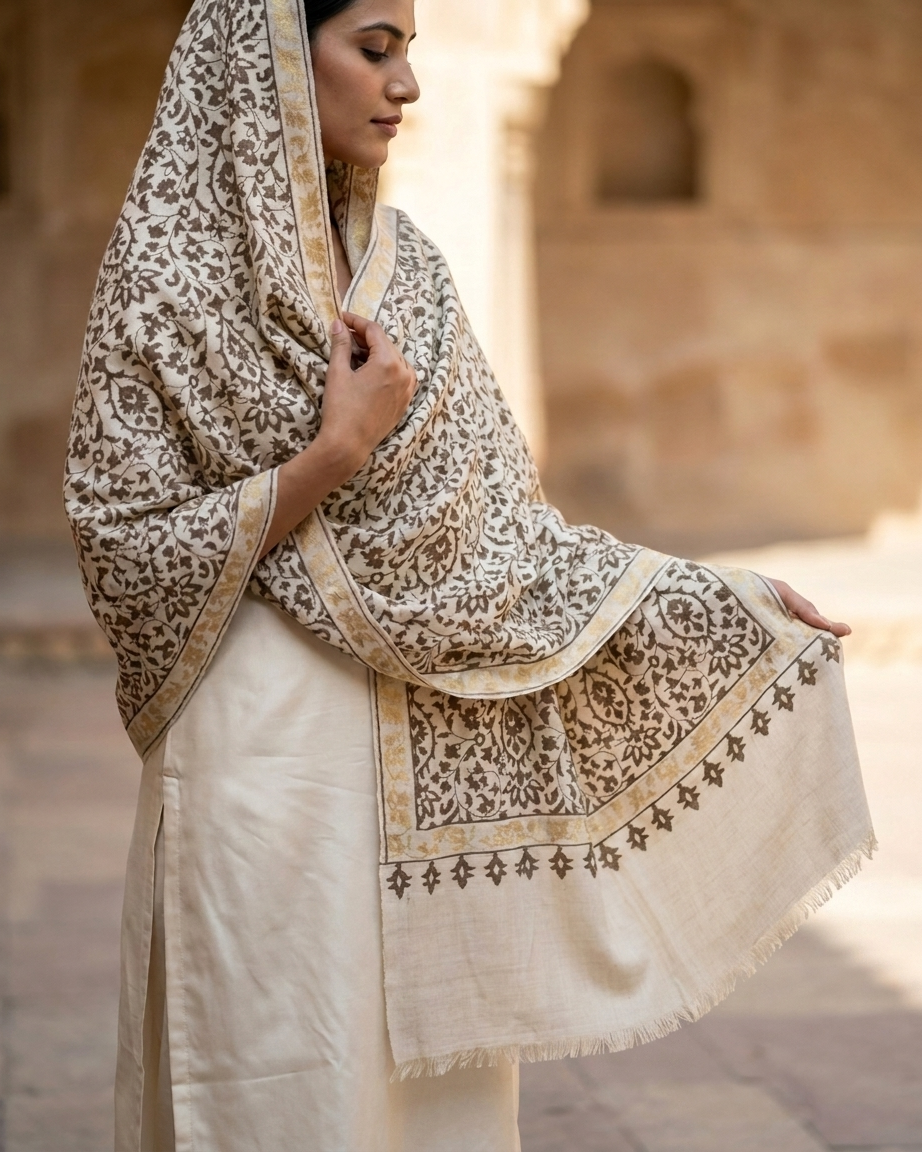 Cream Olive Floral Medallion Kani Cashmere Pashmina Shawl — Handwoven in Kashmir — image 4