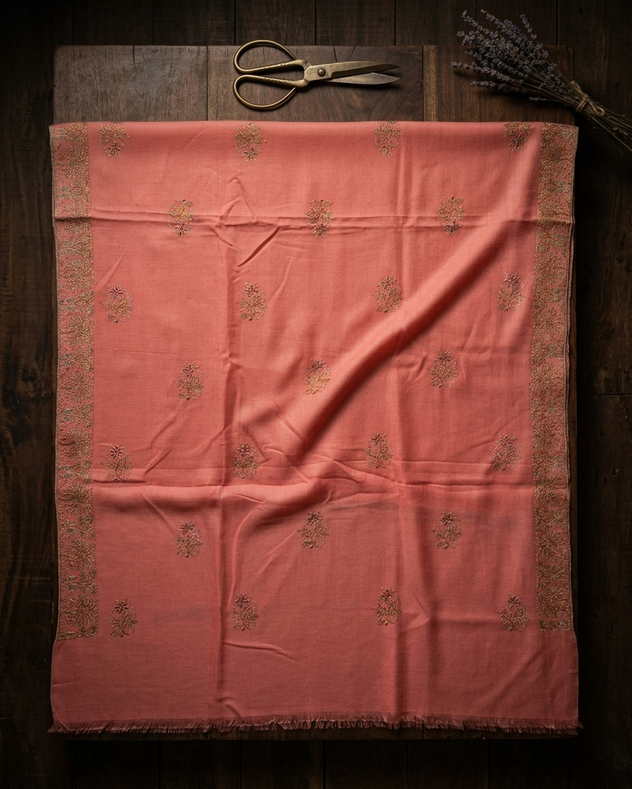 Coral Pink Floral Booti Sozni — Handwoven in Kashmir — image 4