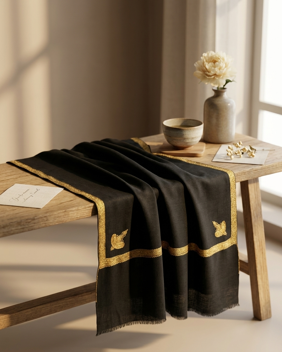 Black Gold Corner Motif Sozni — Handwoven in Kashmir — image 4