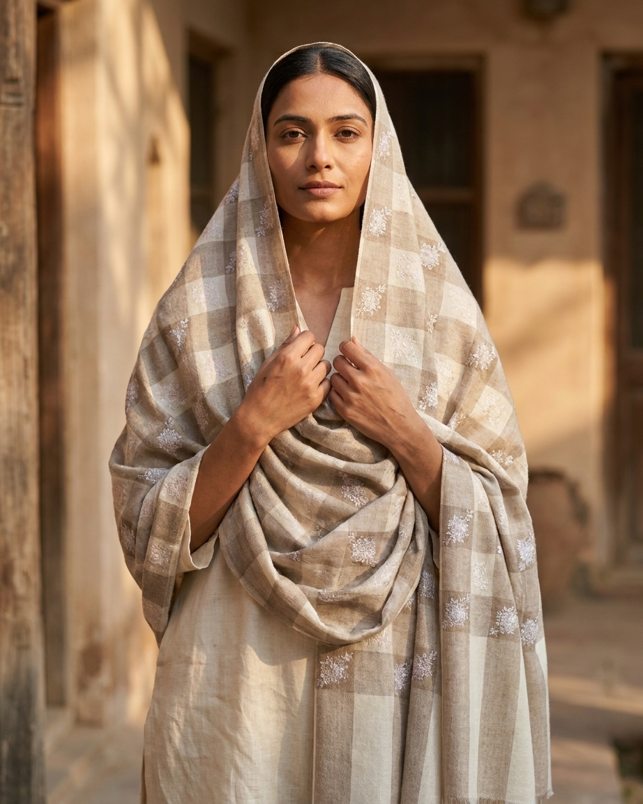 Beige Check Floral Embroidered Sozni — Handwoven in Kashmir — image 4