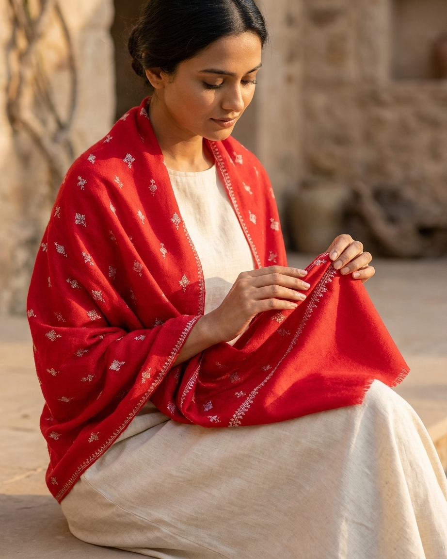Red White Floral Geometric Sozni — Handwoven in Kashmir — image 4