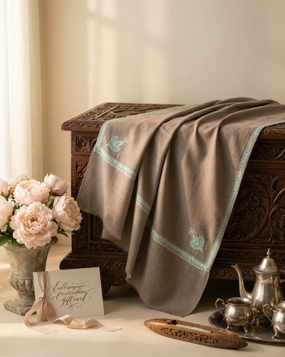 Cocoa Mint Corner Motif Sozni — Handwoven in Kashmir — image 4