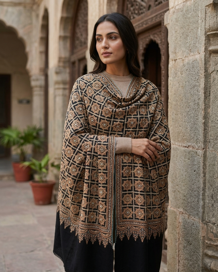 Black Tan Gold Geometric Grid Sozni — Handwoven in Kashmir — image 4