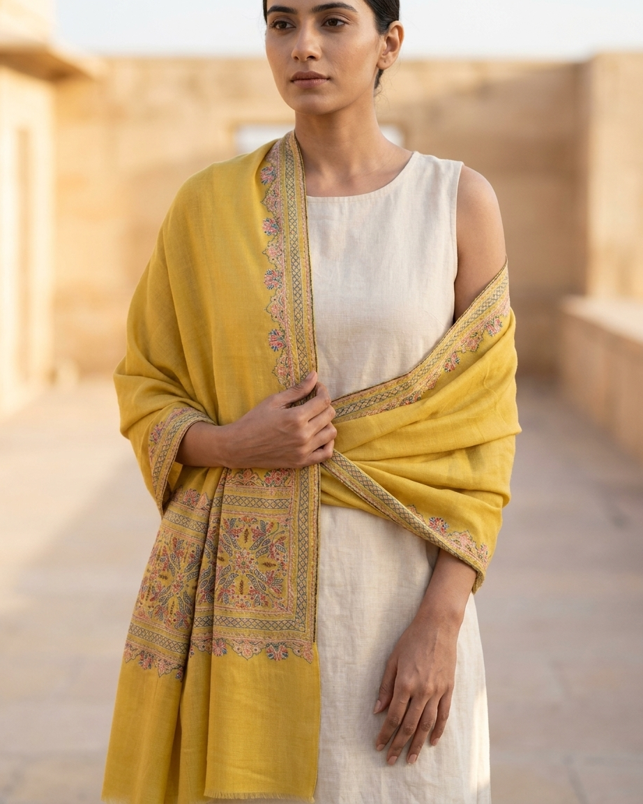 Mustard Multicolor Floral Border Sozni — Handwoven in Kashmir — image 4
