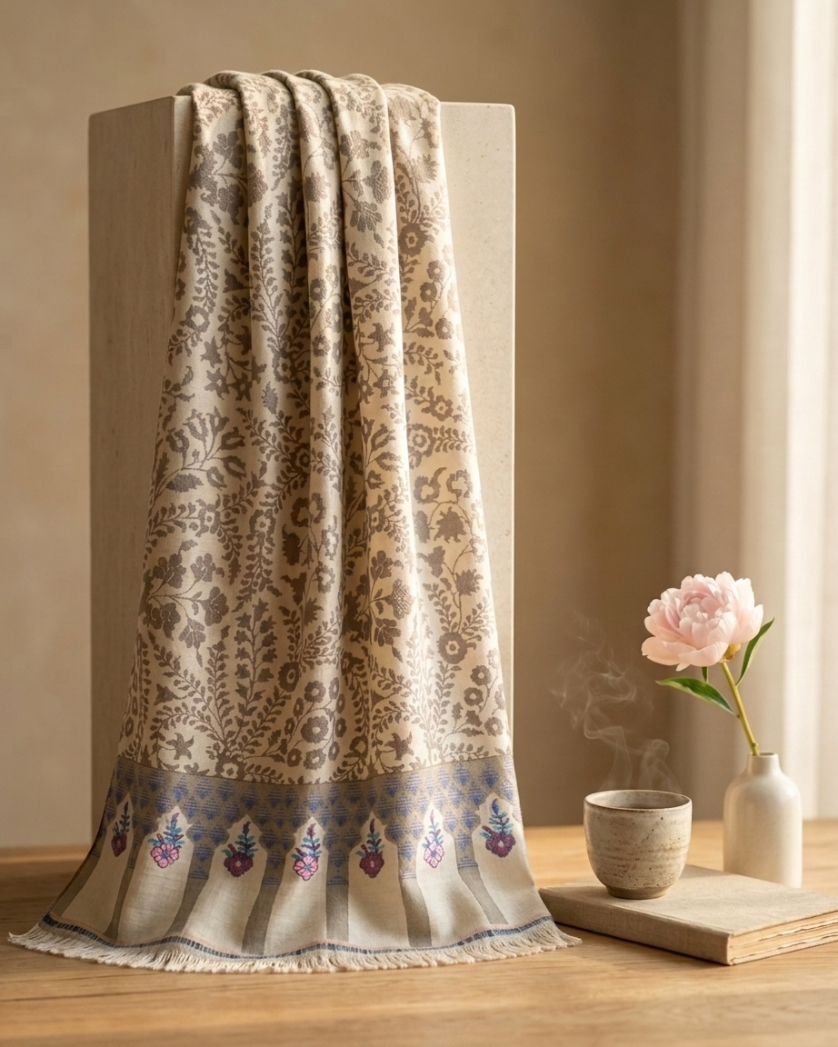 A beige and brown patterned shawl with a blue border and purple floral accents, draped over a wooden pedestal in a warm, neutral room setting.