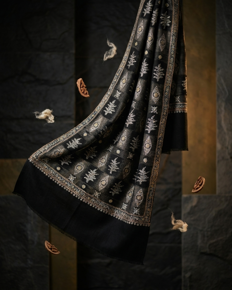 Black Beige Tree of Life Column Sozni — Handwoven in Kashmir — image 4