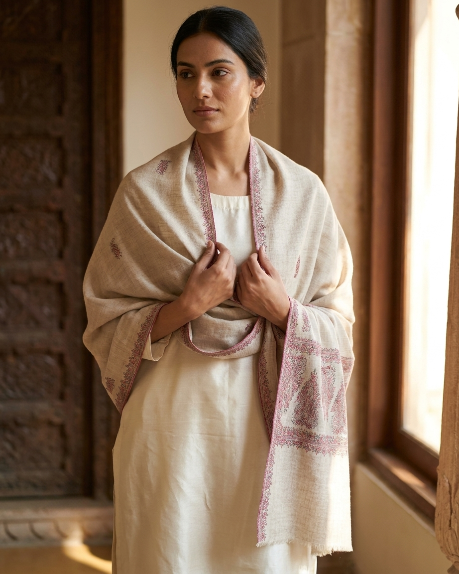 Cream Pink Paisley Border Maheen Kari — Handwoven in Kashmir — image 4