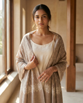 Taupe White Medallion Border Sozni — Handwoven in Kashmir — image 4