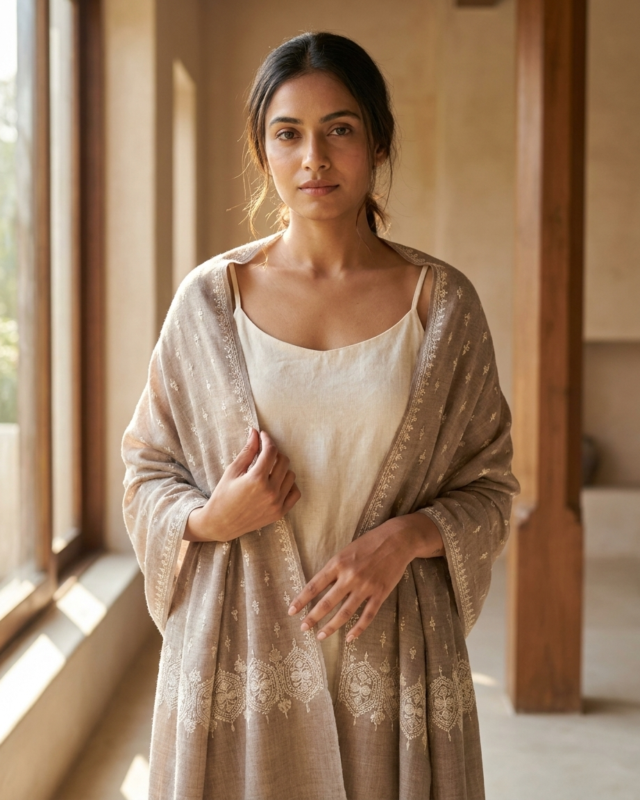 Taupe White Medallion Border Sozni — Handwoven in Kashmir — image 4