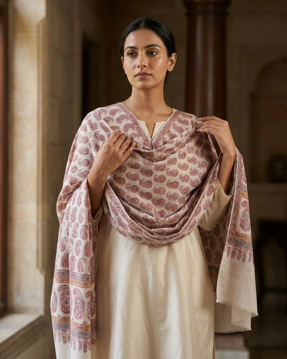 Cream Pink Paisley Band Maheen Kari — Handwoven in Kashmir — image 4