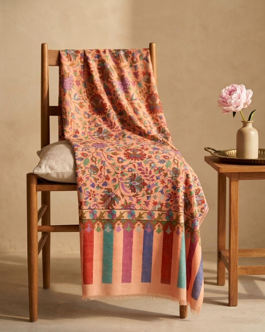 Peach Lavender Floral Jaal Kani Cashmere Pashmina Shawl — Handwoven in Kashmir — image 8