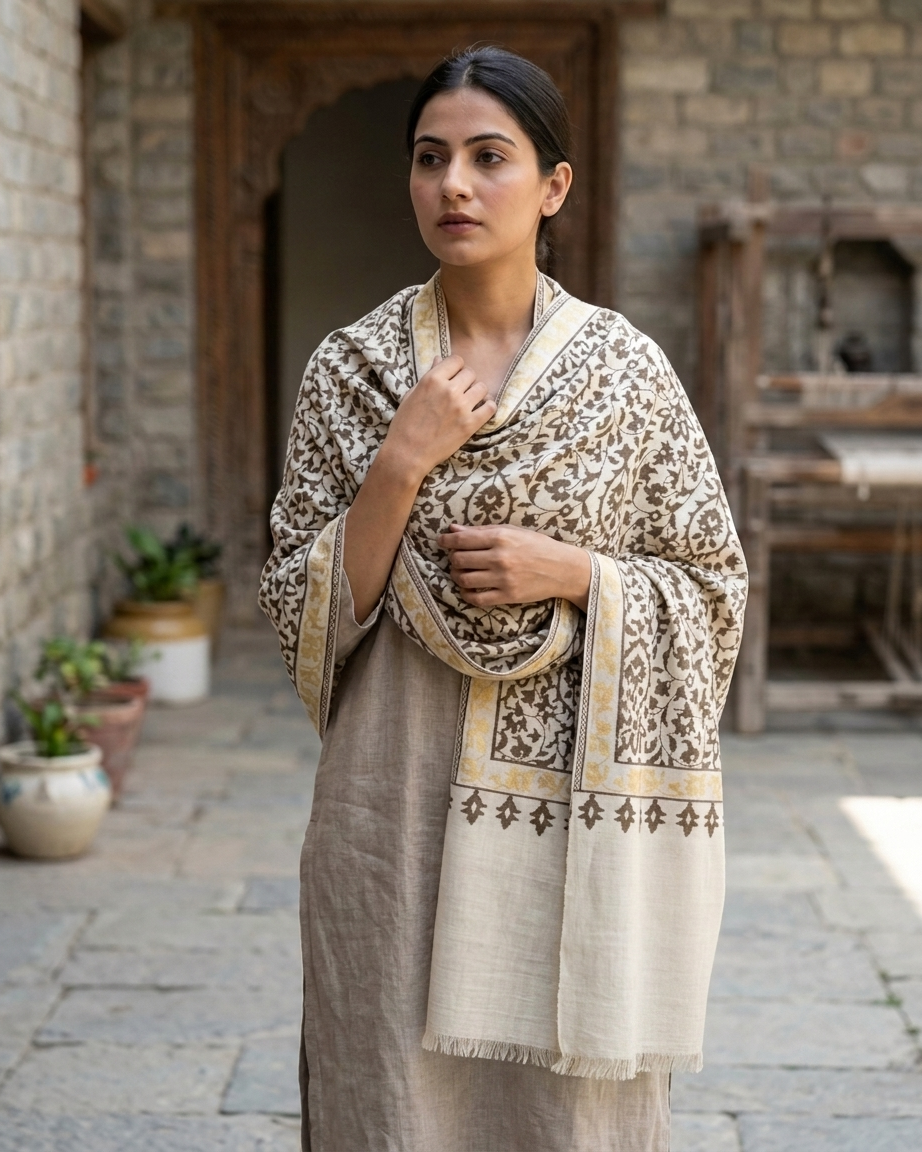 Cream Olive Floral Medallion Kani Cashmere Pashmina Shawl — Handwoven in Kashmir — image 5