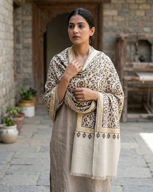 Cream Olive Floral Medallion Kani Cashmere Pashmina Shawl — Handwoven in Kashmir — image 5