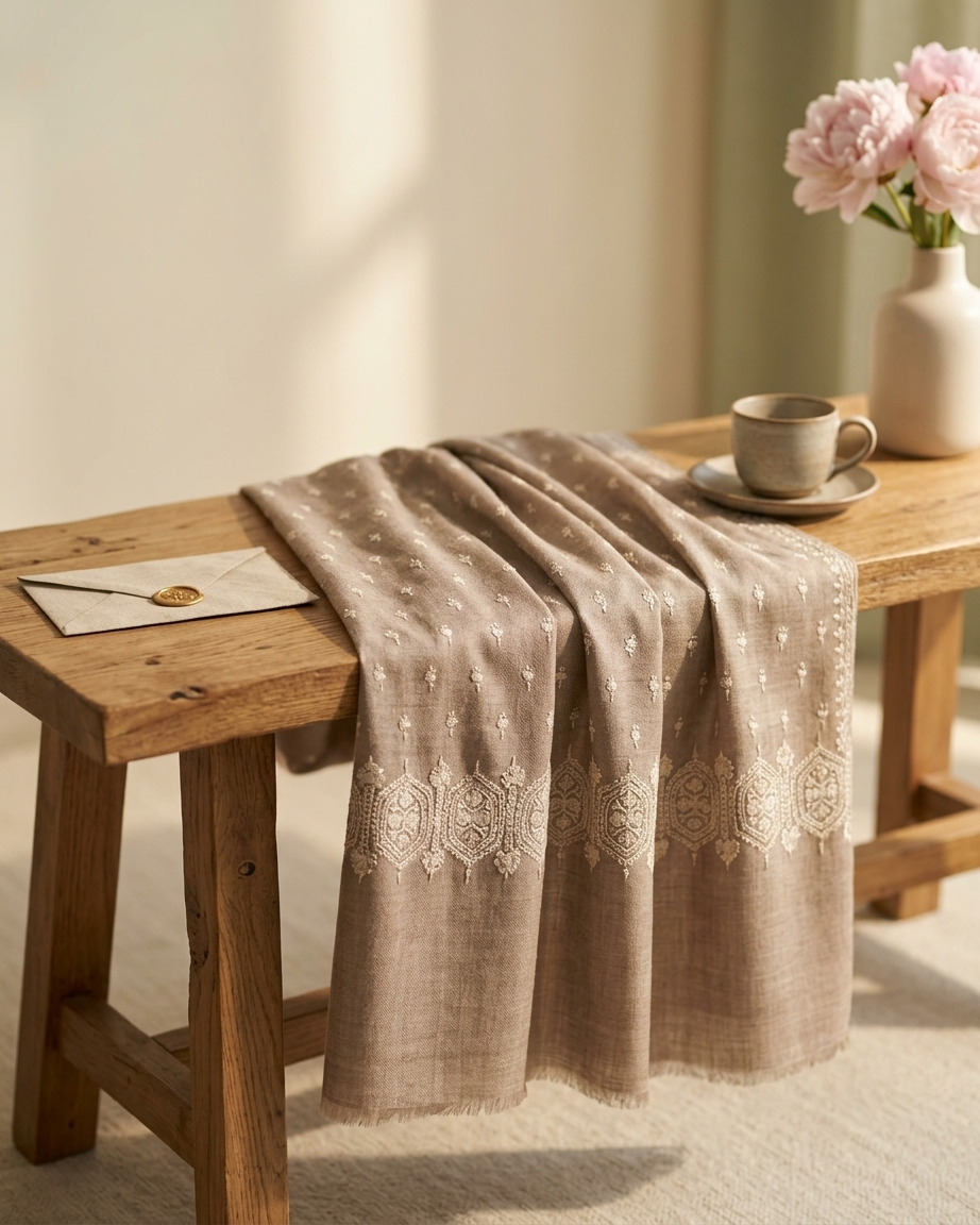 Taupe White Medallion Border Sozni — Handwoven in Kashmir — image 5