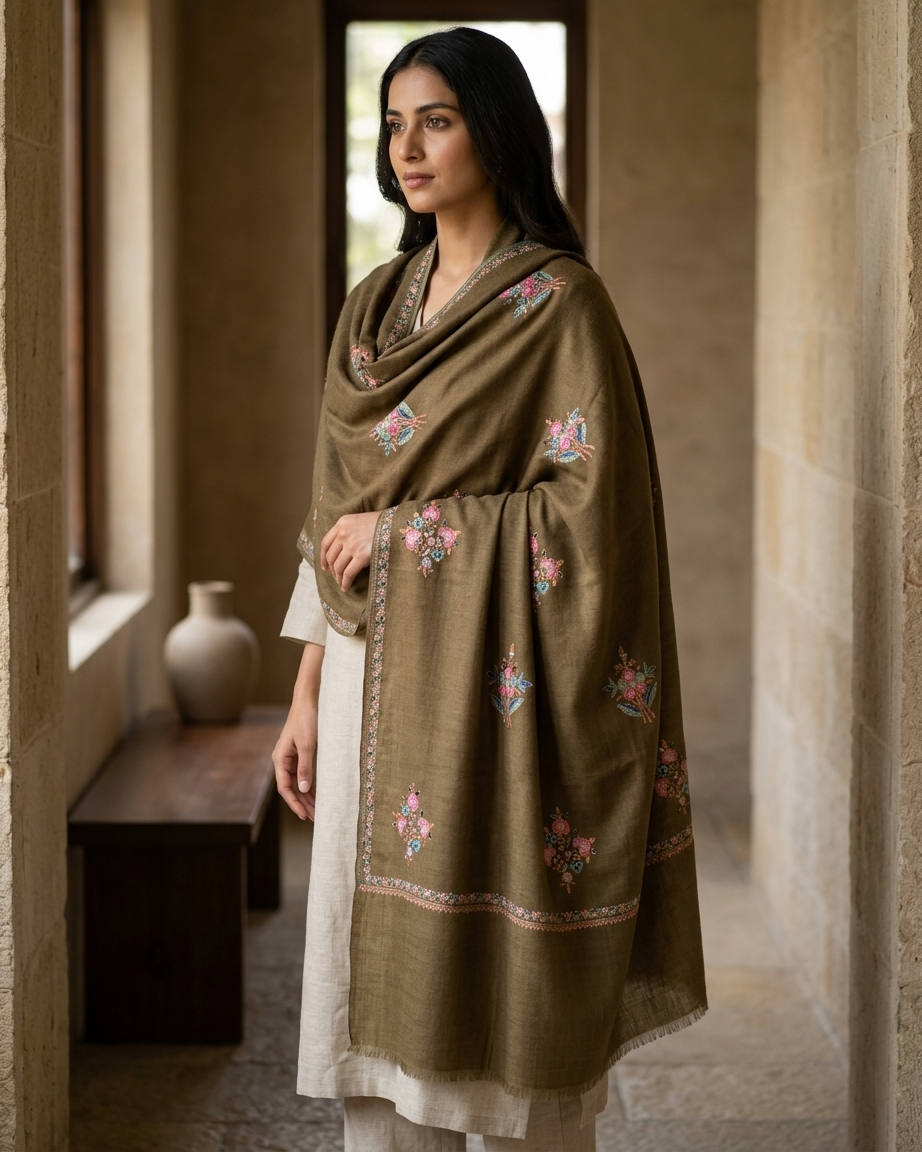 Olive Green Pink Floral Booti Sozni — Handwoven in Kashmir — image 5