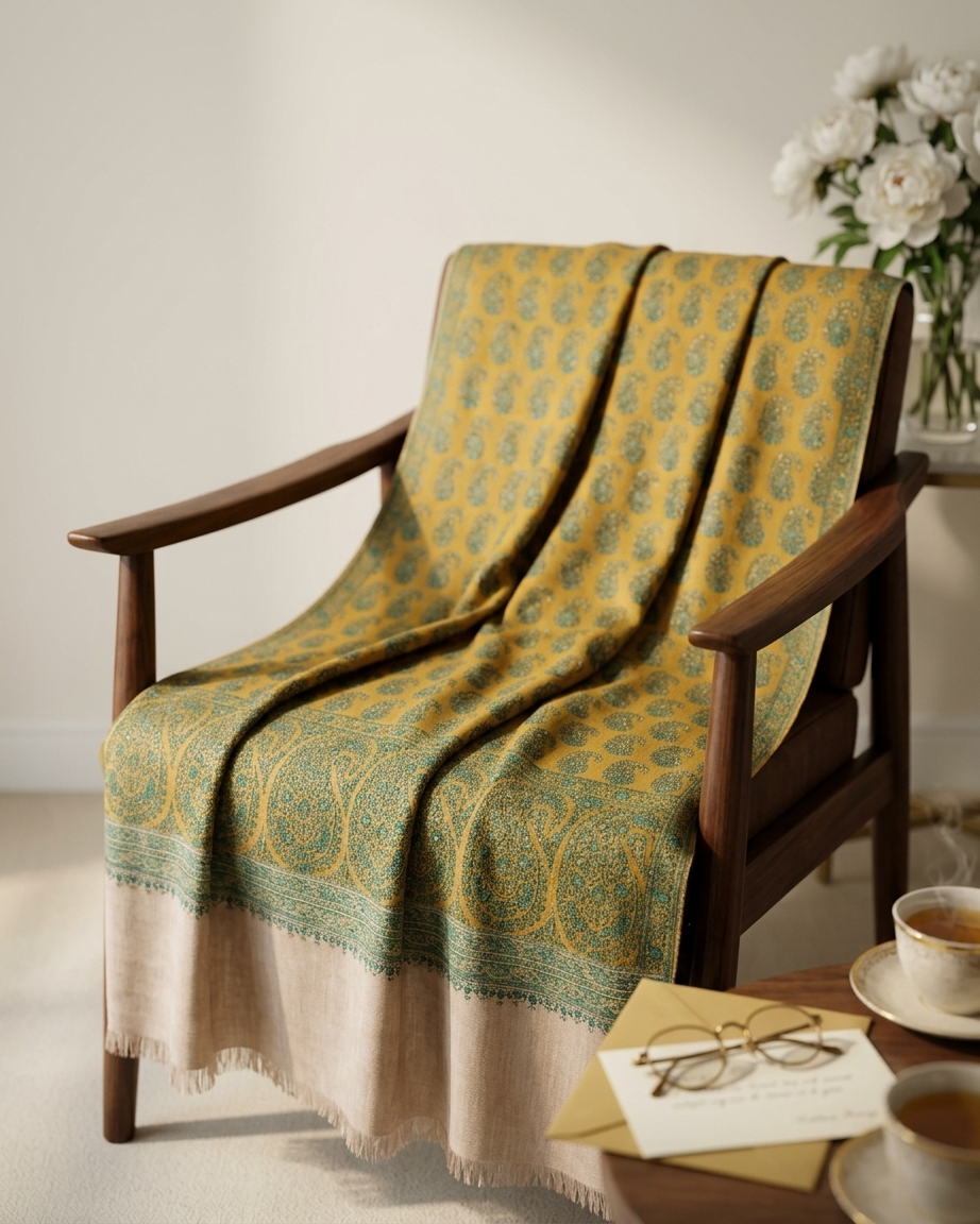 Mustard Teal Paisley Maheen Kari — Handwoven in Kashmir — image 5