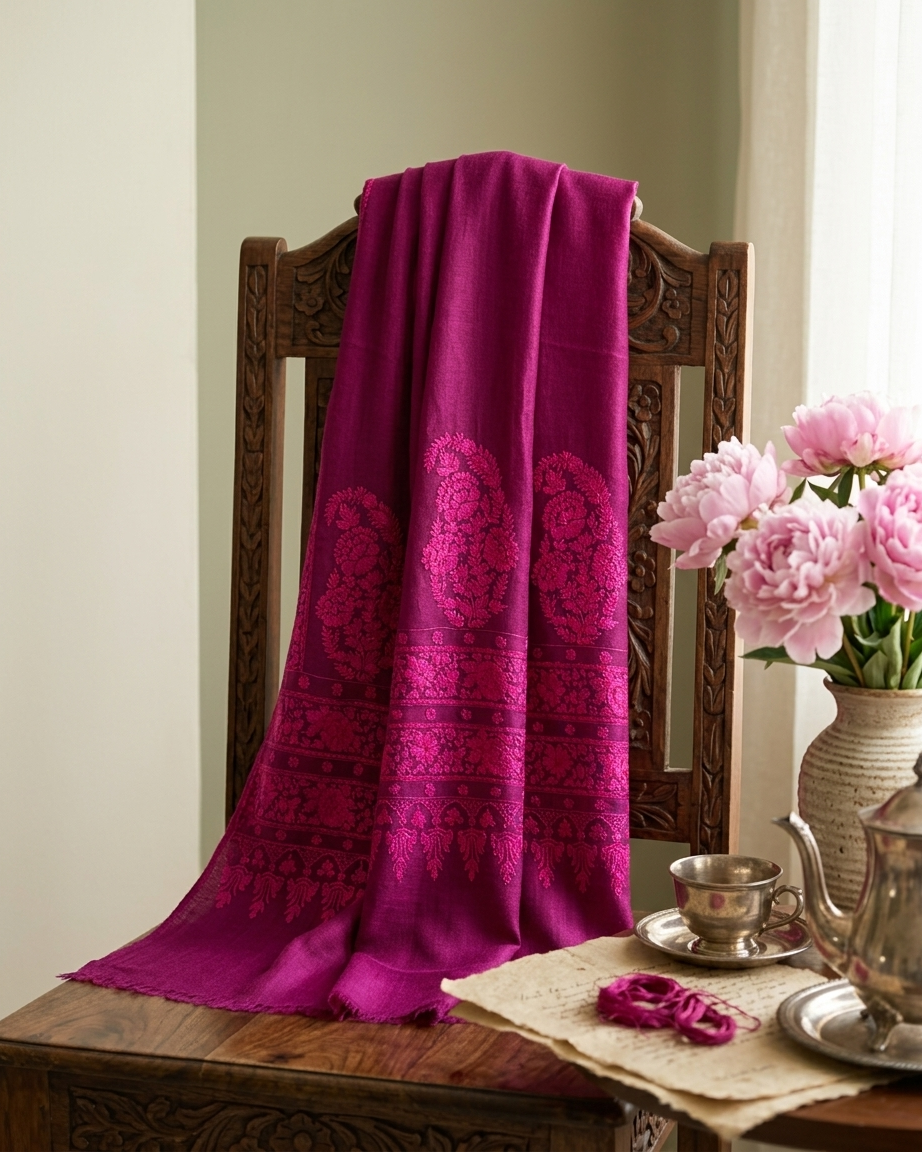 Fuchsia Tone-on-Tone Paisley Maheen Kari — Handwoven in Kashmir — image 5
