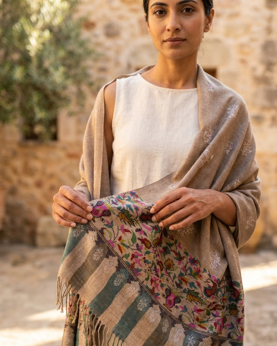 Taupe Floral Border Sozni Kani Fusion — Handwoven in Kashmir — image 5