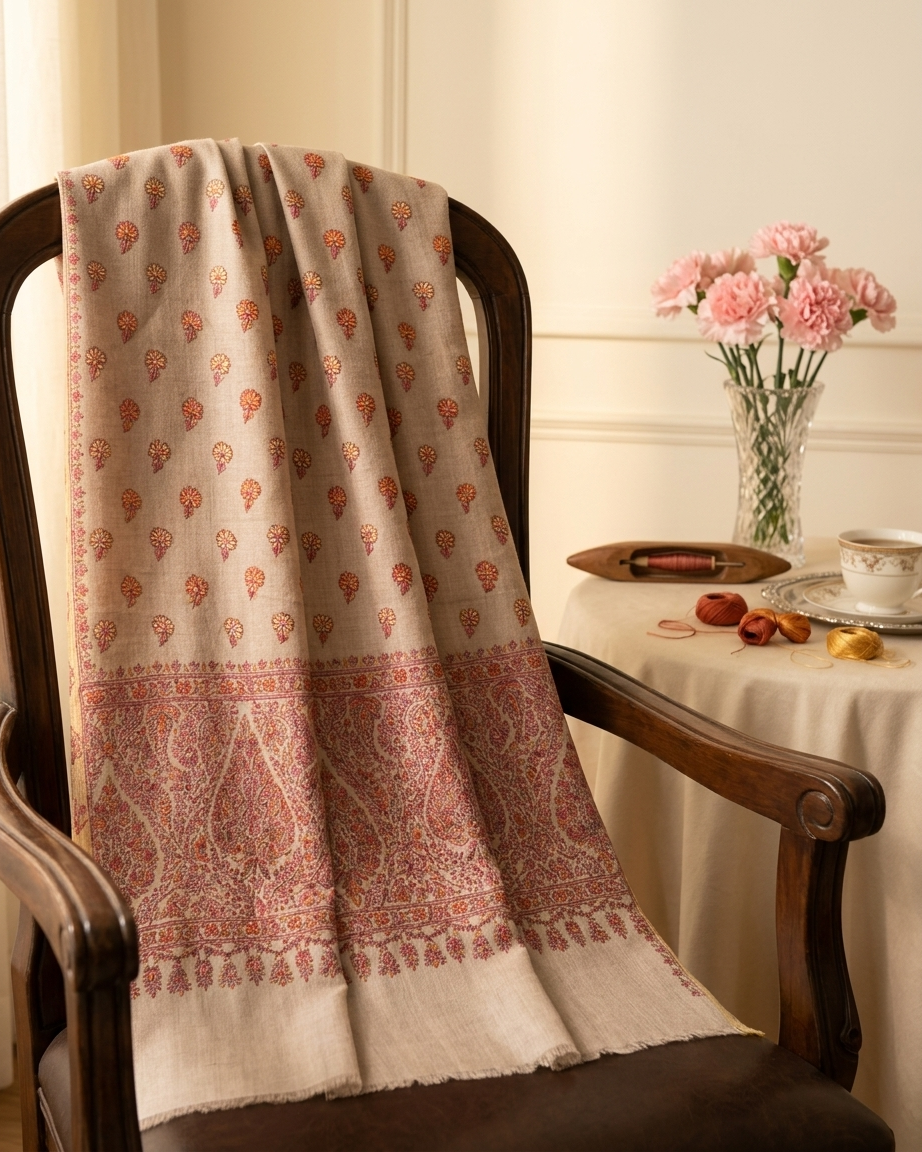 Cream Red Paisley Buti Maheen Kari — Handwoven in Kashmir — image 5