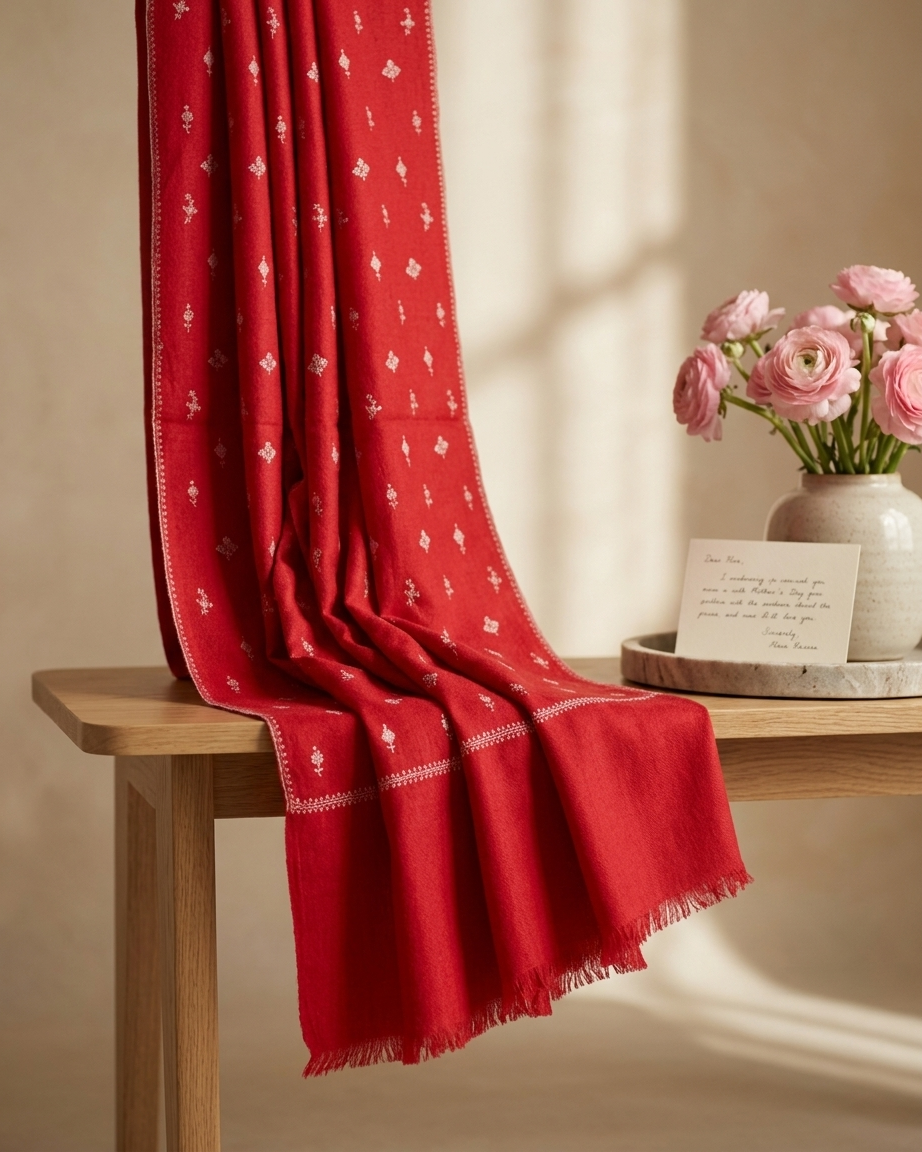 Red White Floral Geometric Sozni — Handwoven in Kashmir — image 5