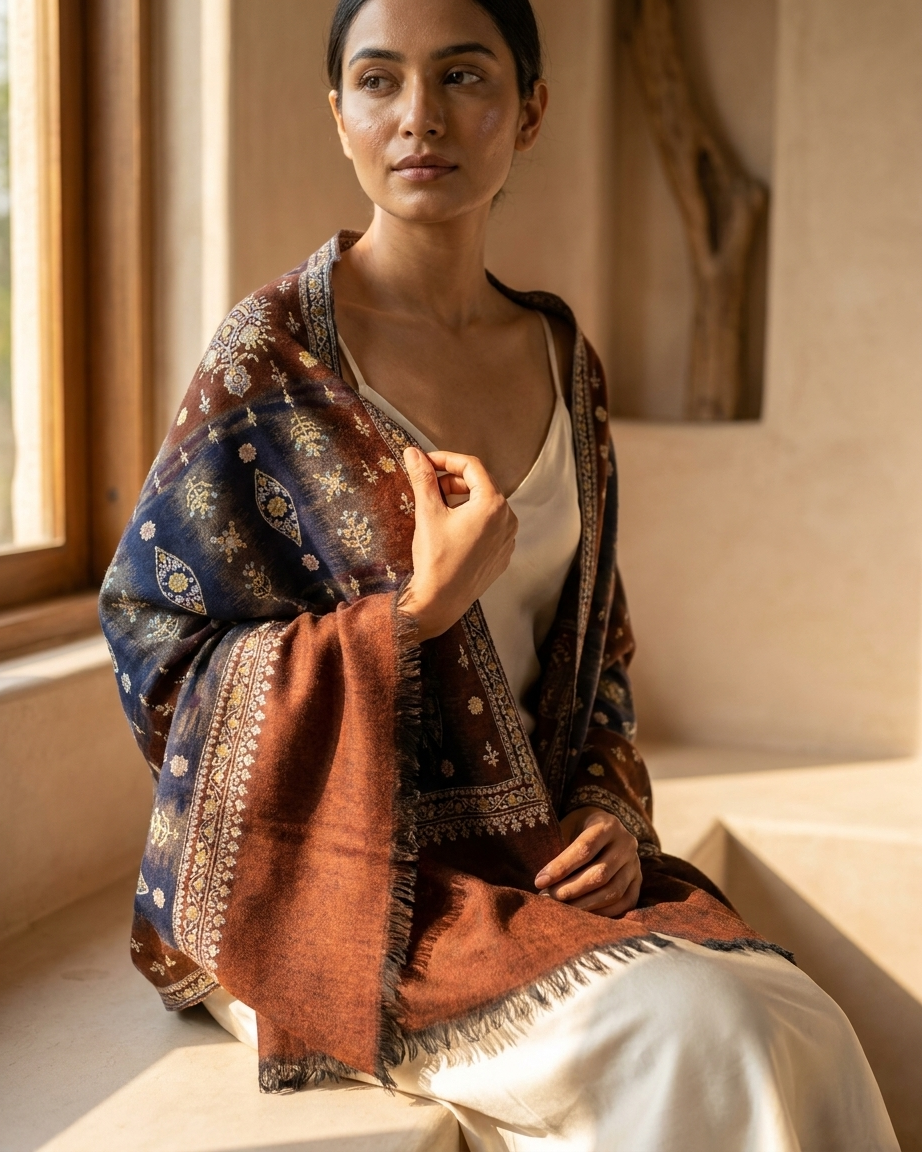 Navy Chocolate Ornate Check Sozni — Handwoven in Kashmir — image 5