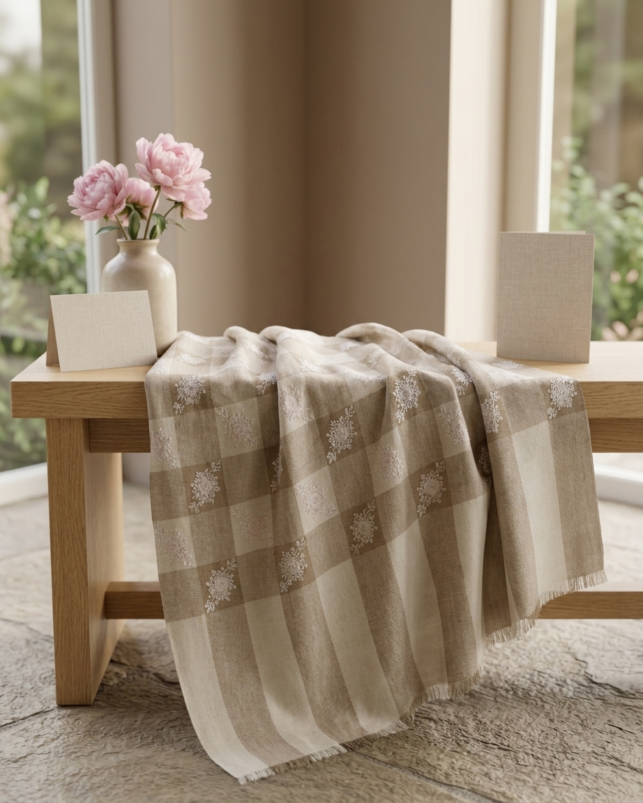 Beige Check Floral Embroidered Sozni — Handwoven in Kashmir — image 5