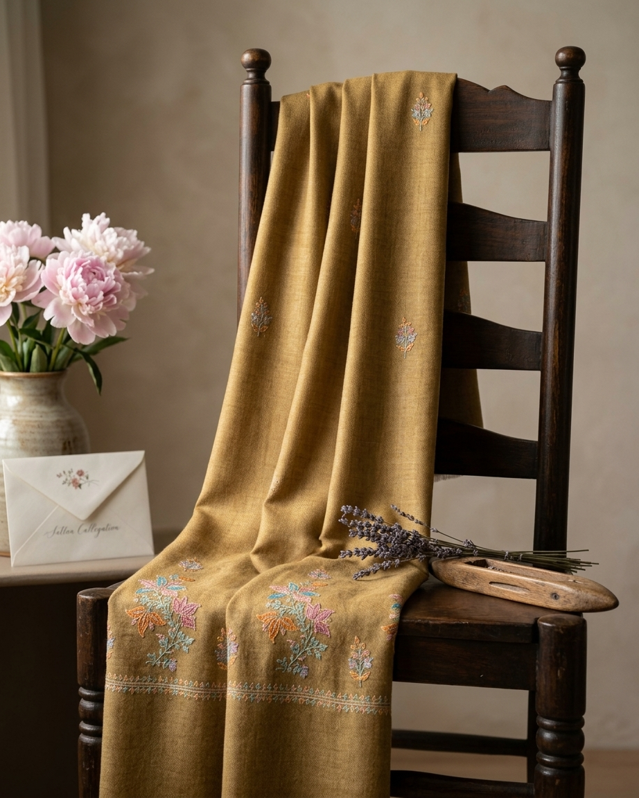 Mustard Multicolor Floral Border Sozni — Handwoven in Kashmir — image 5