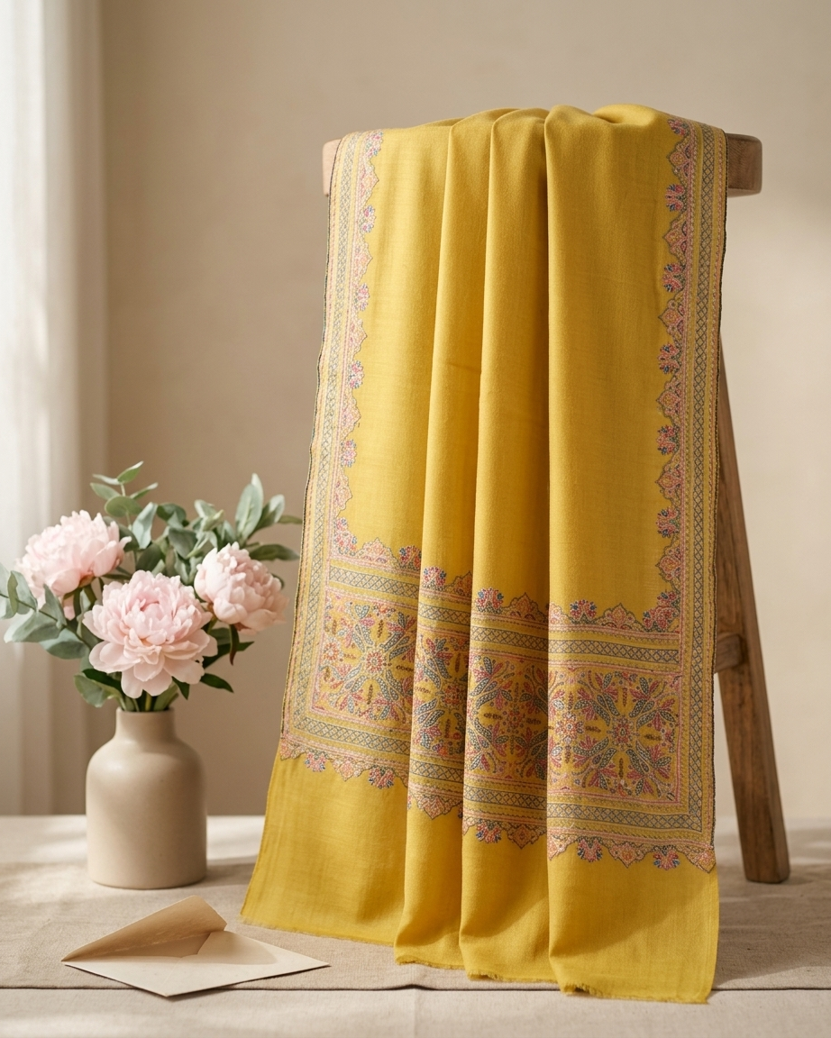 Mustard Multicolor Floral Border Sozni — Handwoven in Kashmir — image 5