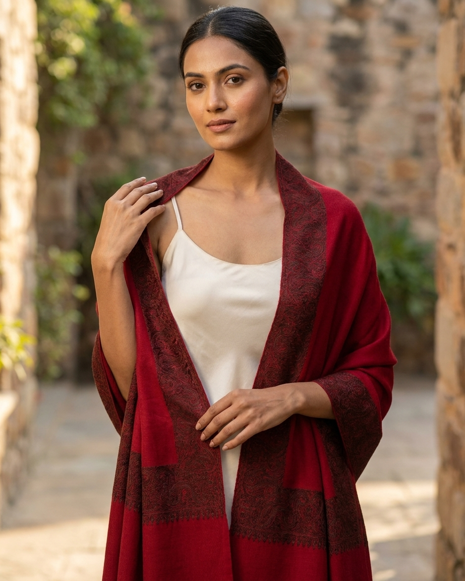 Crimson Paisley Border Sozni — Handwoven in Kashmir — image 5