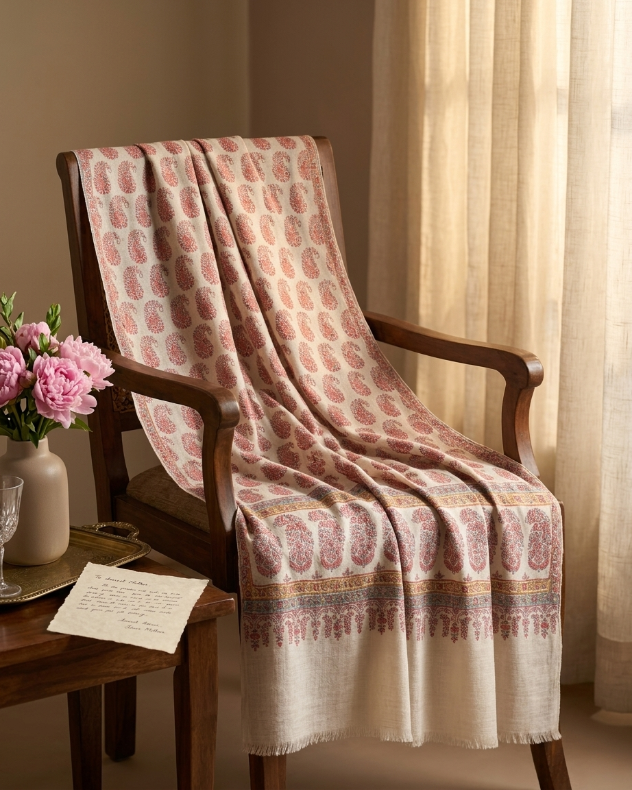 Cream Pink Paisley Band Maheen Kari — Handwoven in Kashmir — image 5