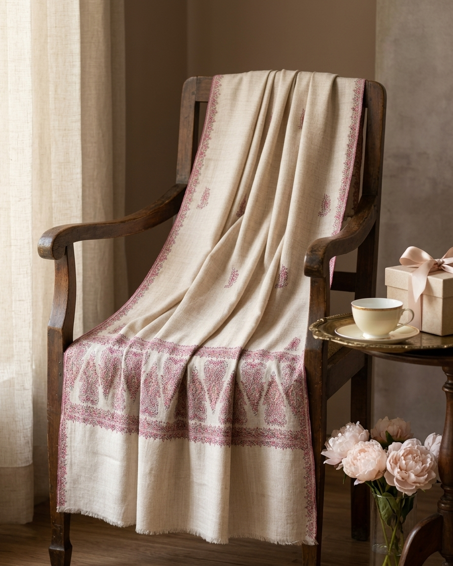 Cream Pink Paisley Border Maheen Kari — Handwoven in Kashmir — image 5