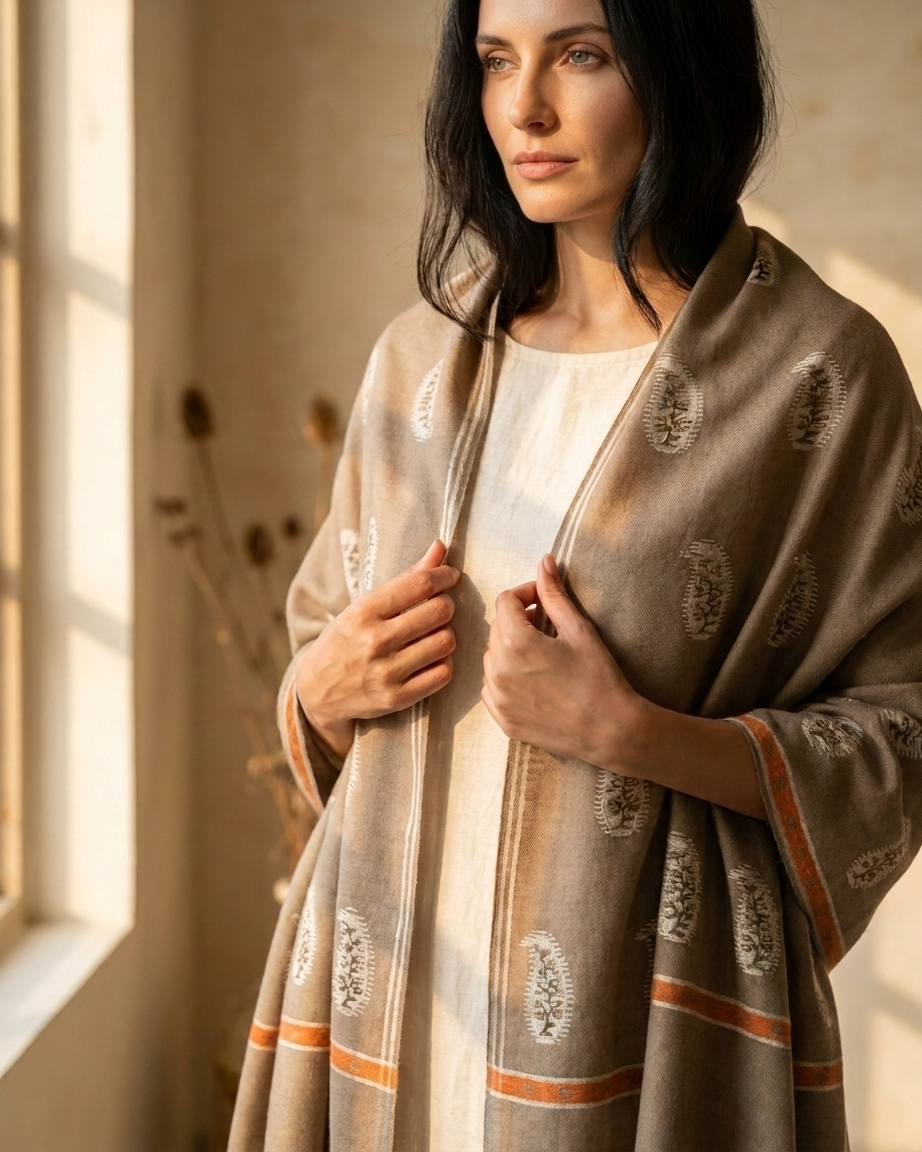 Taupe Paisley Buta Kani Cashmere Pashmina Shawl — Handwoven in Kashmir — image 7