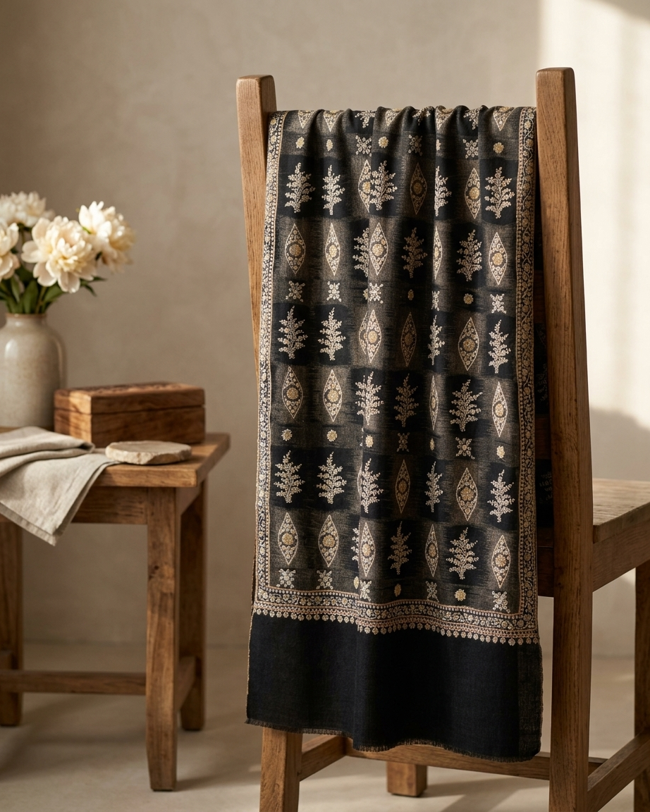Black Charcoal Alternating Motif Sozni — Handwoven in Kashmir — image 6