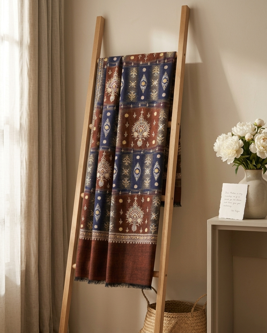 Navy Chocolate Ornate Check Sozni — Handwoven in Kashmir — image 6