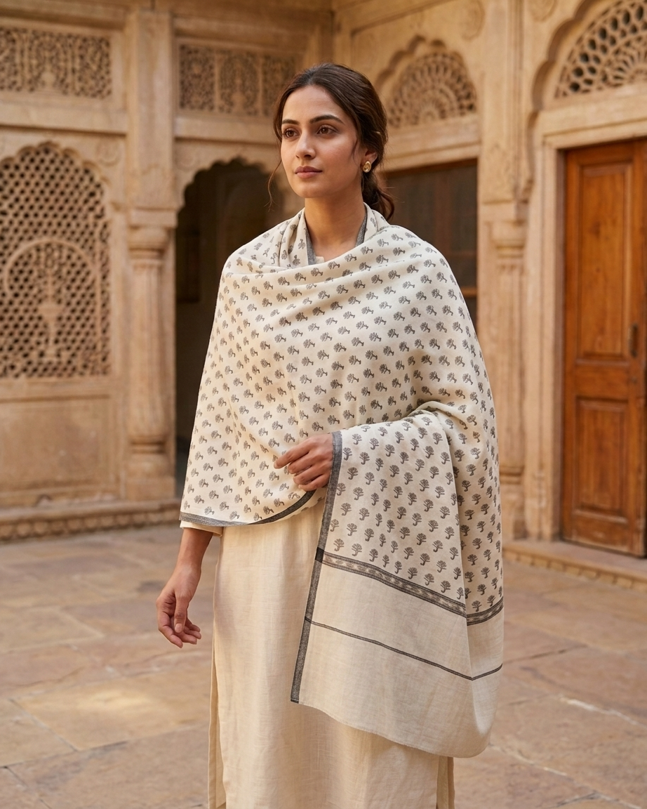 Cream Charcoal Botanical Sprig Kani — Handwoven in Kashmir — image 6