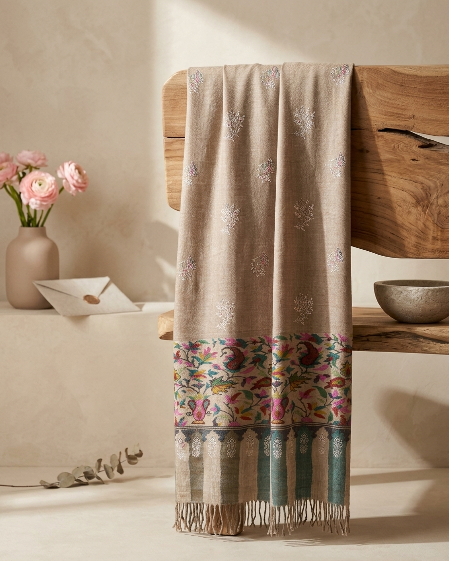 Taupe Floral Border Sozni Kani Fusion — Handwoven in Kashmir — image 6