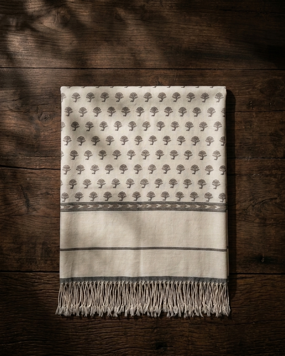 Cream Charcoal Botanical Sprig Kani — Handwoven in Kashmir — image 8