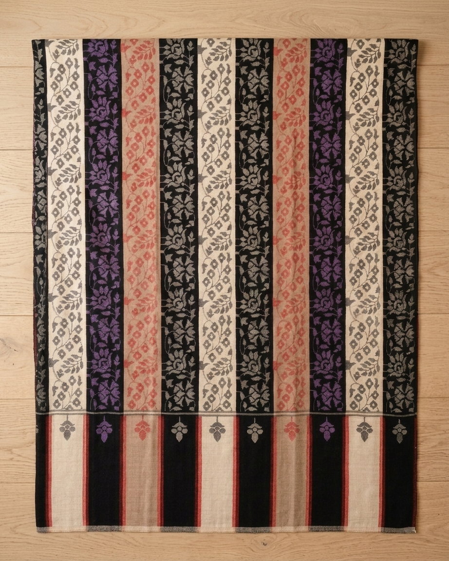 Ivory Black Purple Floral Kani Cashmere Pashmina Shawl — Handwoven in Kashmir