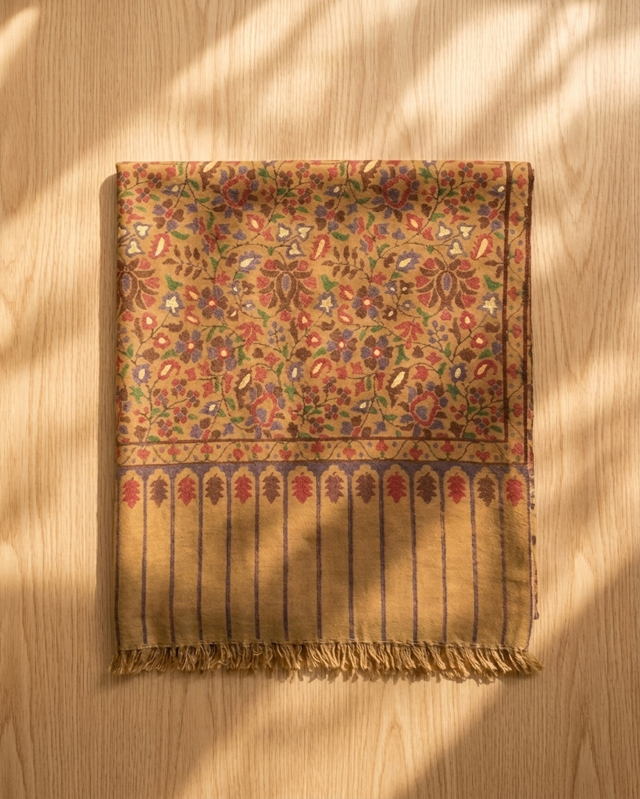 Mustard Golden Chinar Pallu Kani Cashmere Pashmina Shawl — Handwoven in Kashmir — image 3