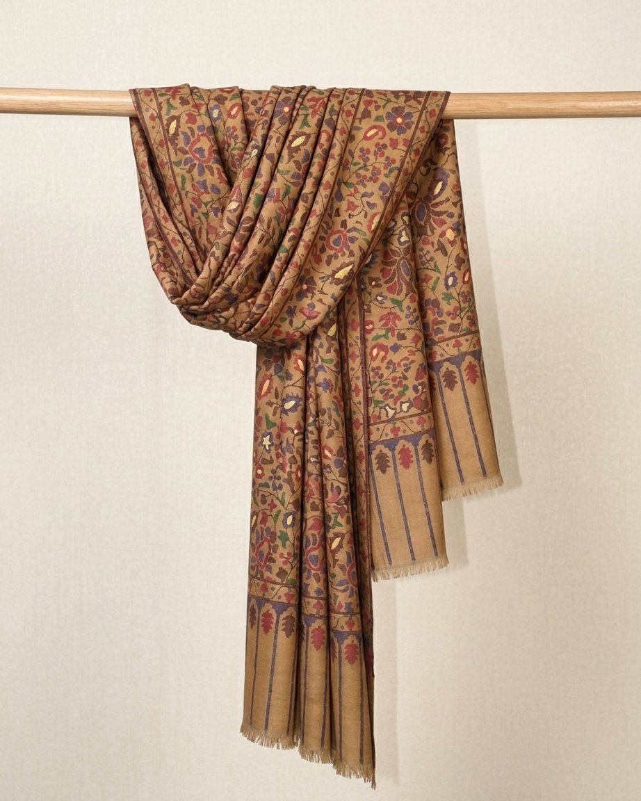 Mustard Golden Chinar Pallu Kani Cashmere Pashmina Shawl — Handwoven in Kashmir — image 2