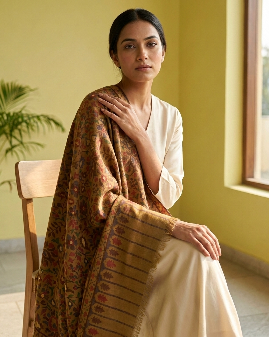 Mustard Golden Chinar Pallu Kani Cashmere Pashmina Shawl — Handwoven in Kashmir — image 1