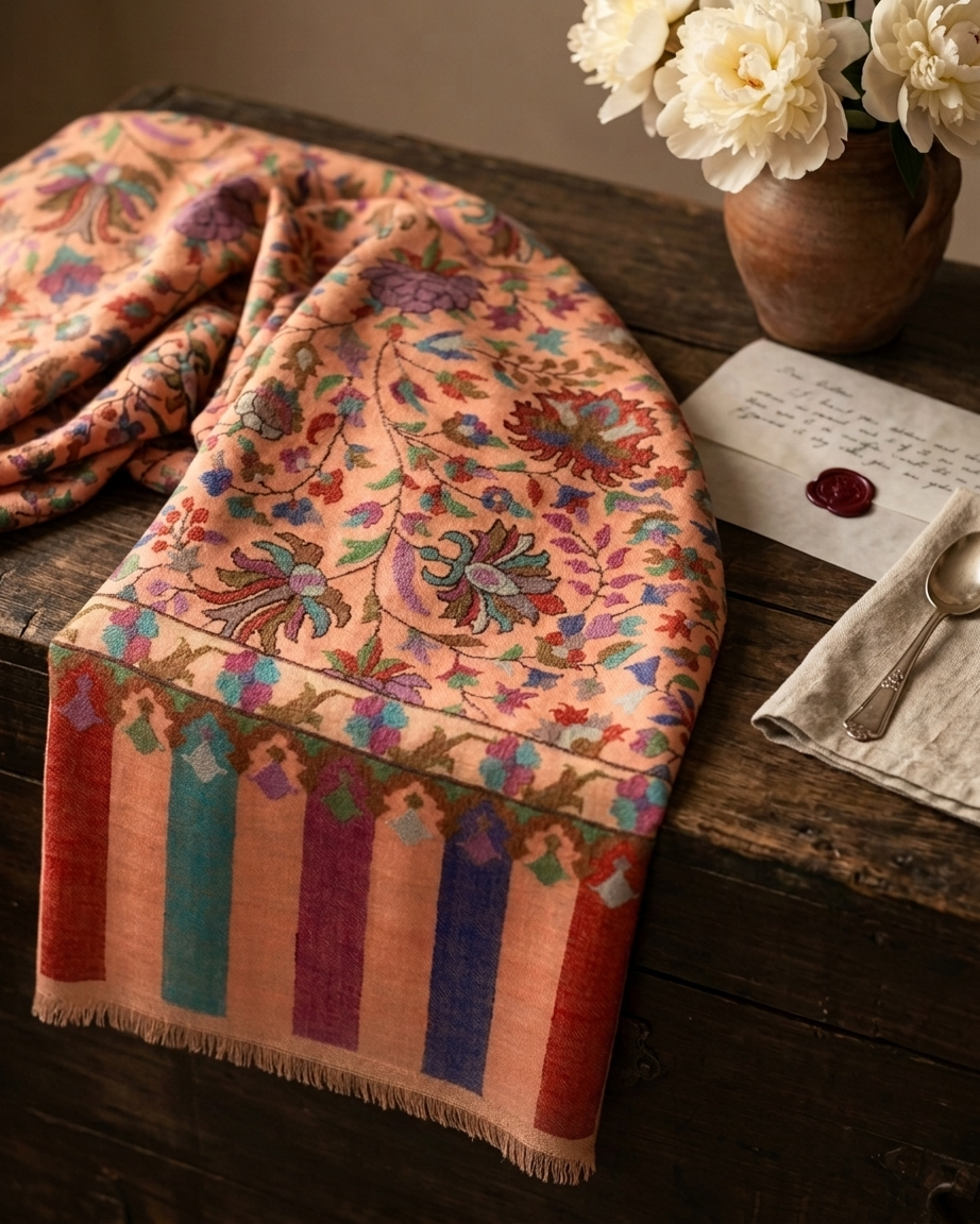 Peach Lavender Floral Jaal Kani Cashmere Pashmina Shawl — Handwoven in Kashmir — image 9