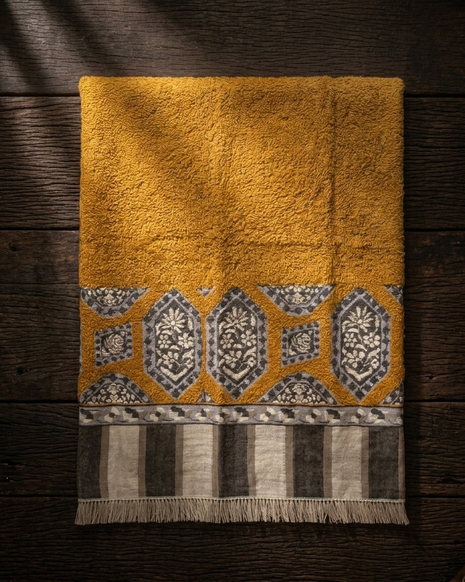 Mustard Medallion Border Kani Cashmere Pashmina Shawl — Handwoven in Kashmir — image 4